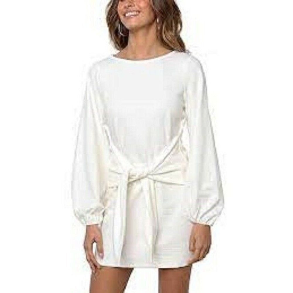 R Vivimos Womens White Knotted Tie Waist Round Neck Sweater Dress Size Medium